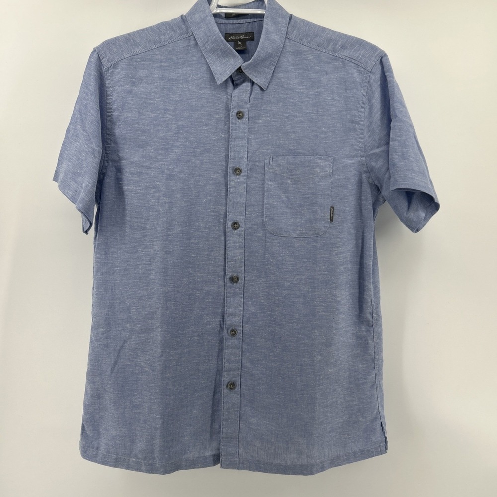 Eddie Bauer Linen Button Down Shirt Men's Large Blue Short Sleeve Cotton Casual
